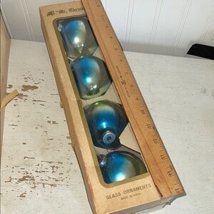 Vintage MCM Mercury Blue & gold two tone Glass Ornaments 3” Mr Christmas